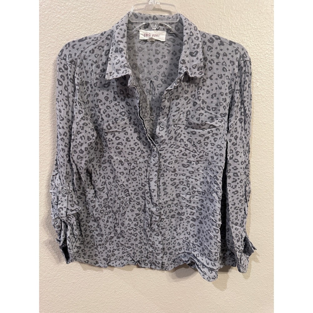 Pink Rose Gray Leopard Print Button Down Top Shirt Women's Size Medium